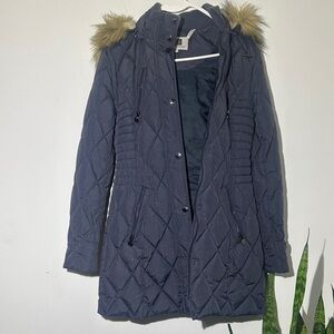 Laundry by Design Dark Blue Quilted Puffer with Faux Fur Hood